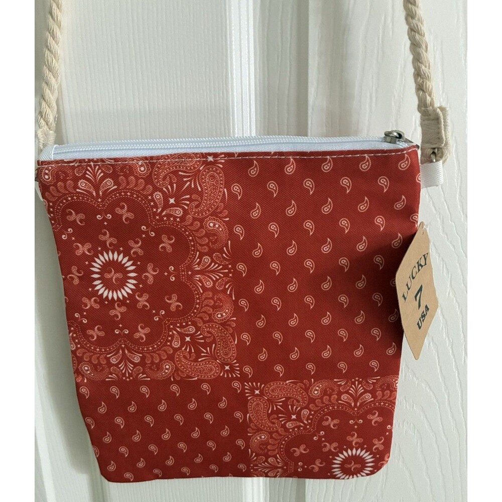 Lucky 7 Bandana purse bag square lightweight rope handle zip red NEW